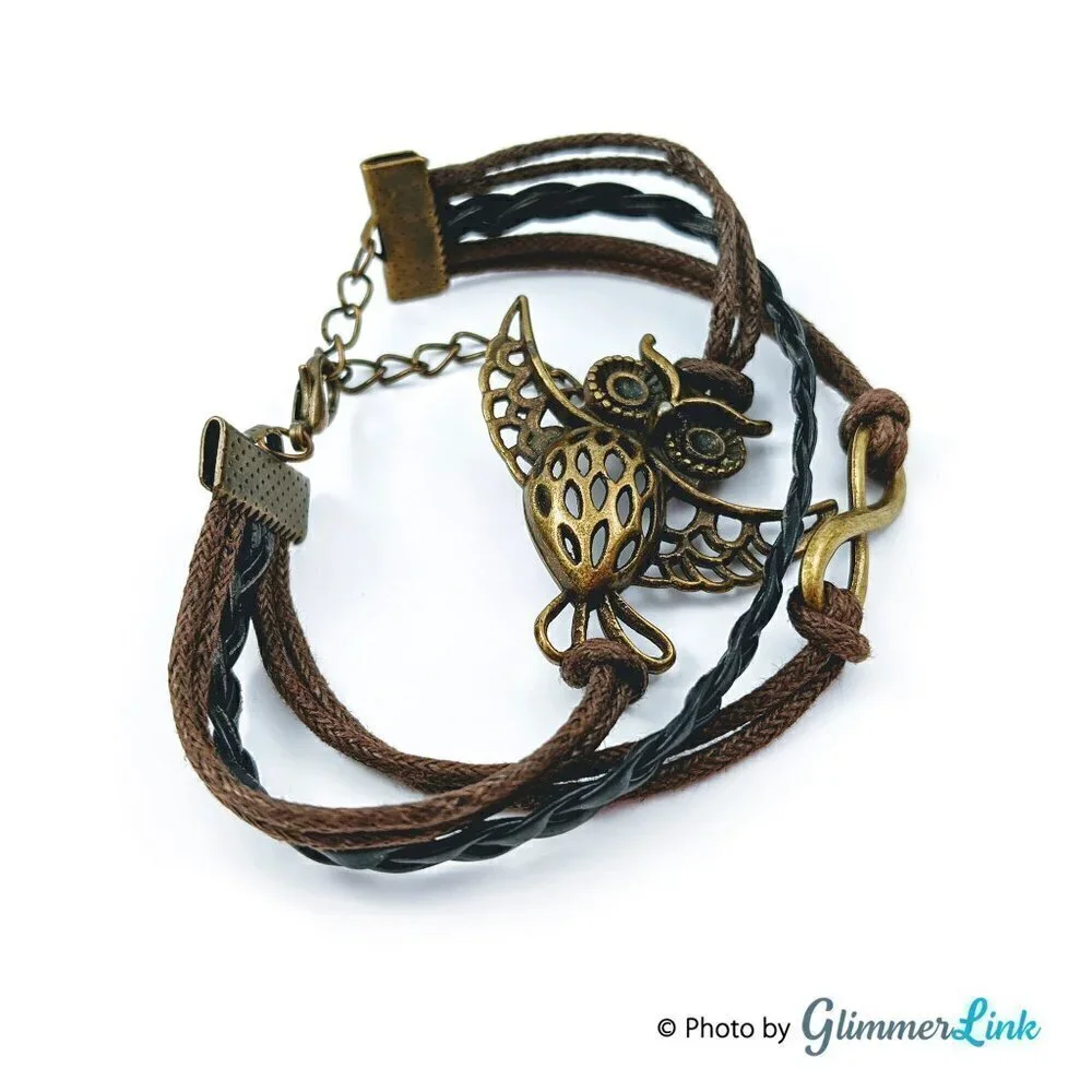 Multi Strand Faux Leather Owl Charm Infinity Bracelet